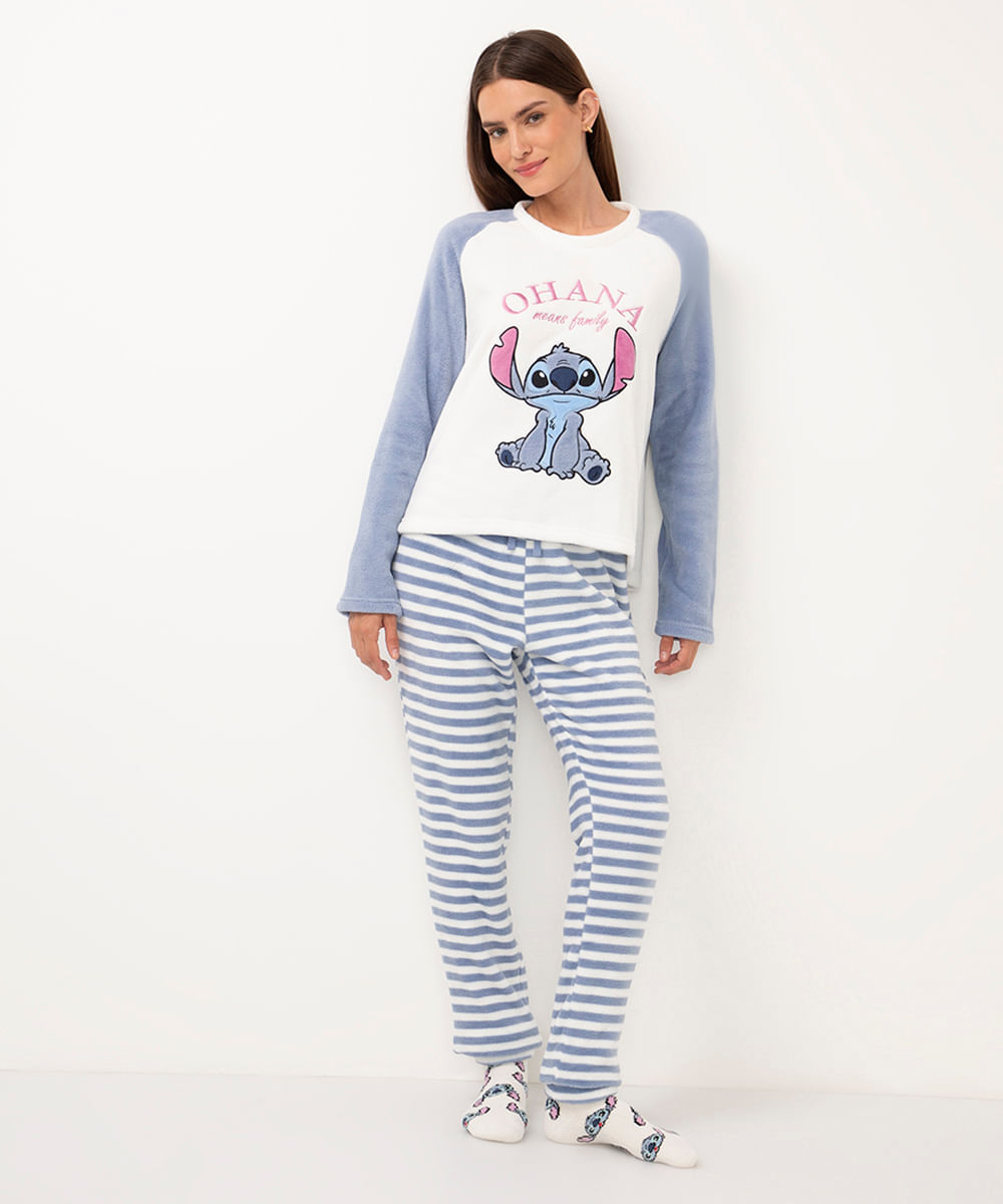 pijama de fleece manga longa stitch ohana azul