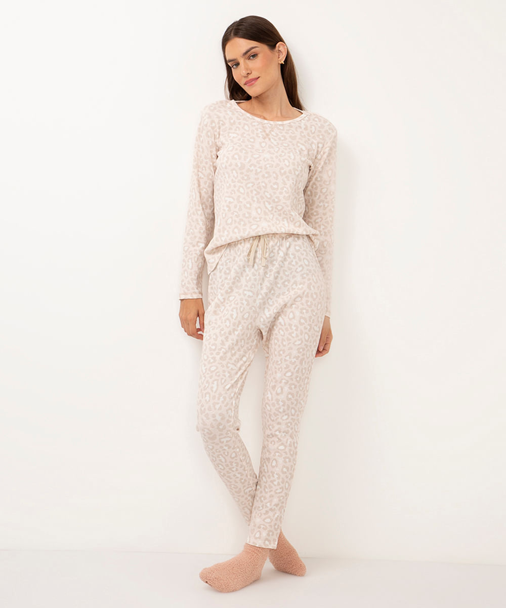 pijama de algodão longo animal print rosa
