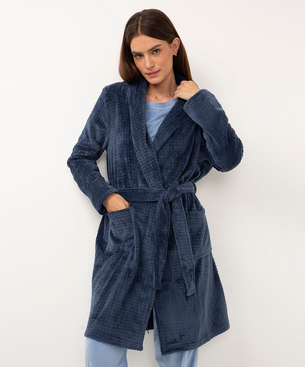 roupão de fleece com bolsos texturizado azul escuro