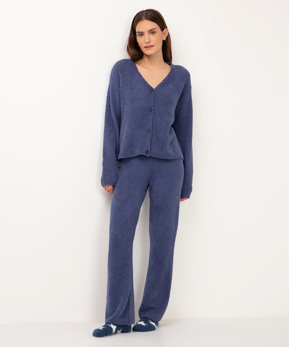 pijama de tricot americano longo azul