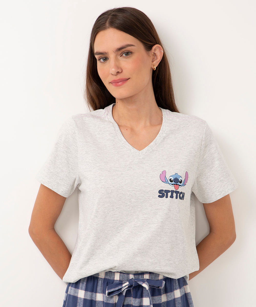 camiseta de pijama decote v stitch cinza
