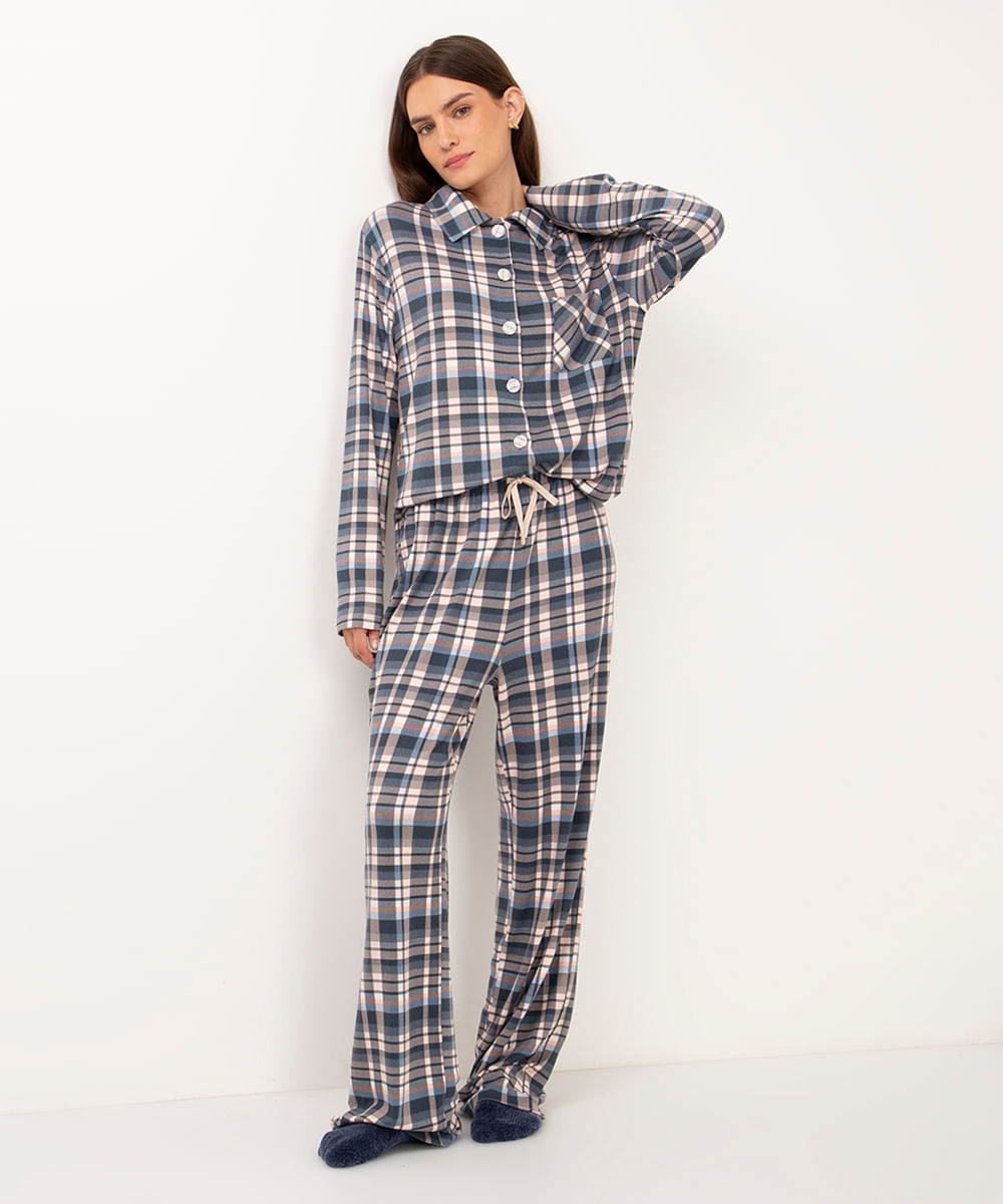 pijama americano longo de viscose xadrez azul marinho