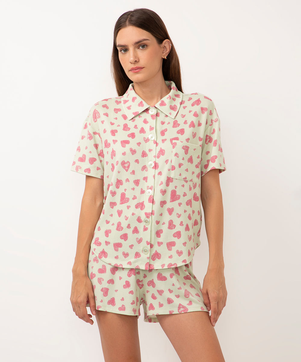 pijama americano de viscose curto coração verde claro