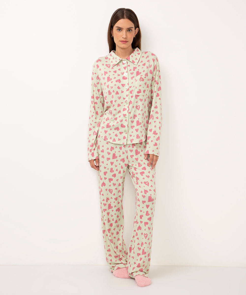 pijama americano longo de coração verde claro