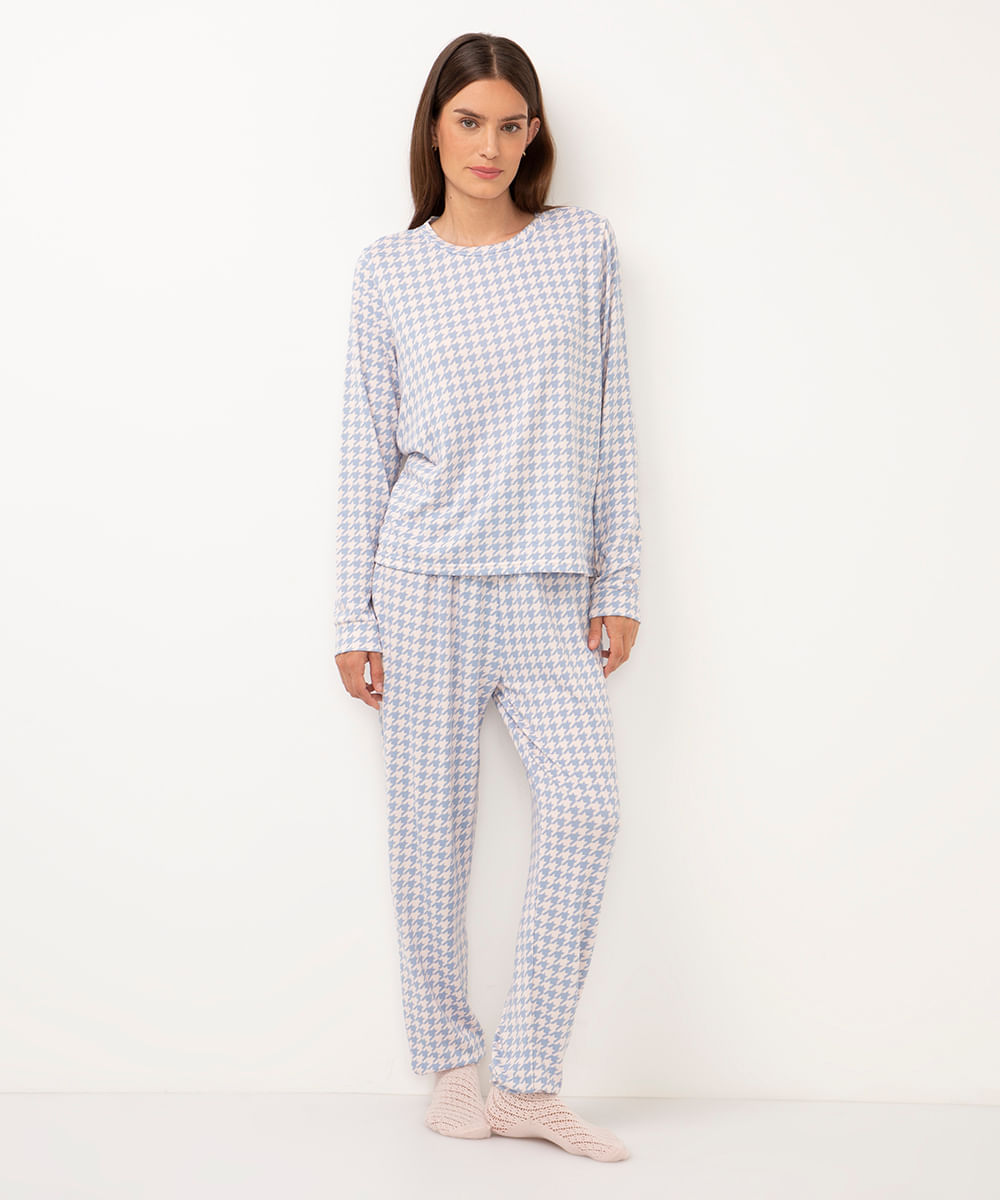 pijama longo soft pied de poule rosa