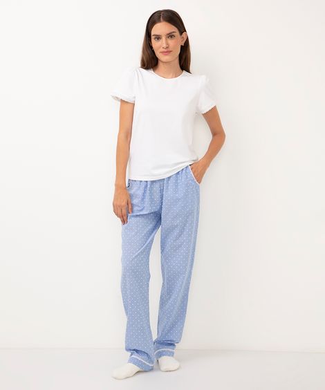 pijama de algodão longo bordado e poá off white