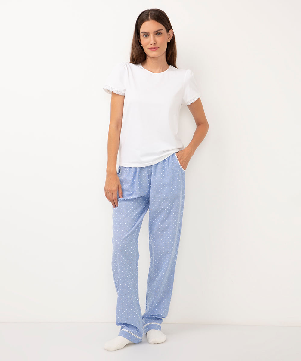 pijama de algodão longo bordado e poá off white