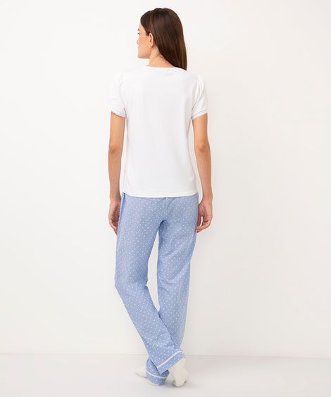 pijama de algodão longo bordado e poá off white