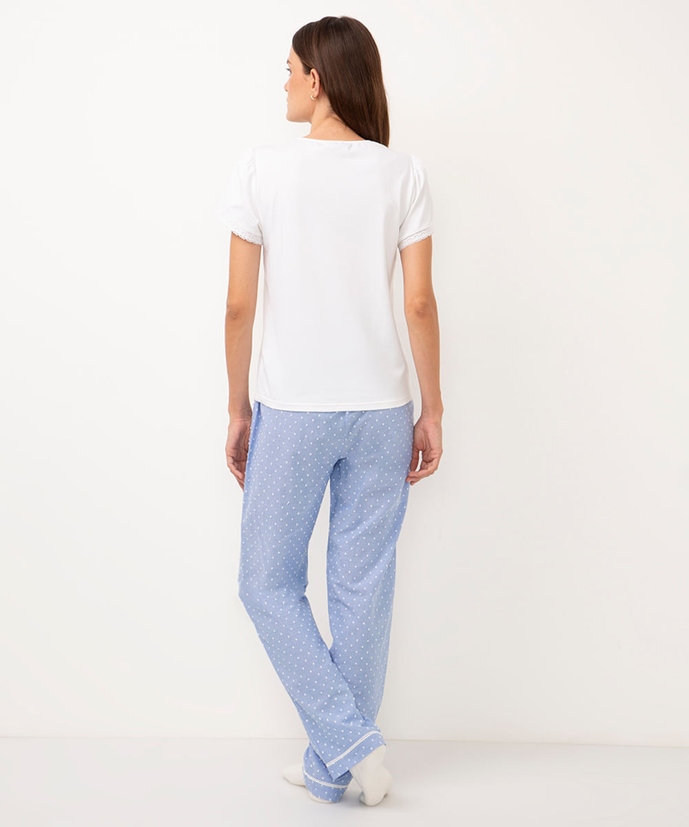 pijama de algodão longo bordado e poá off white