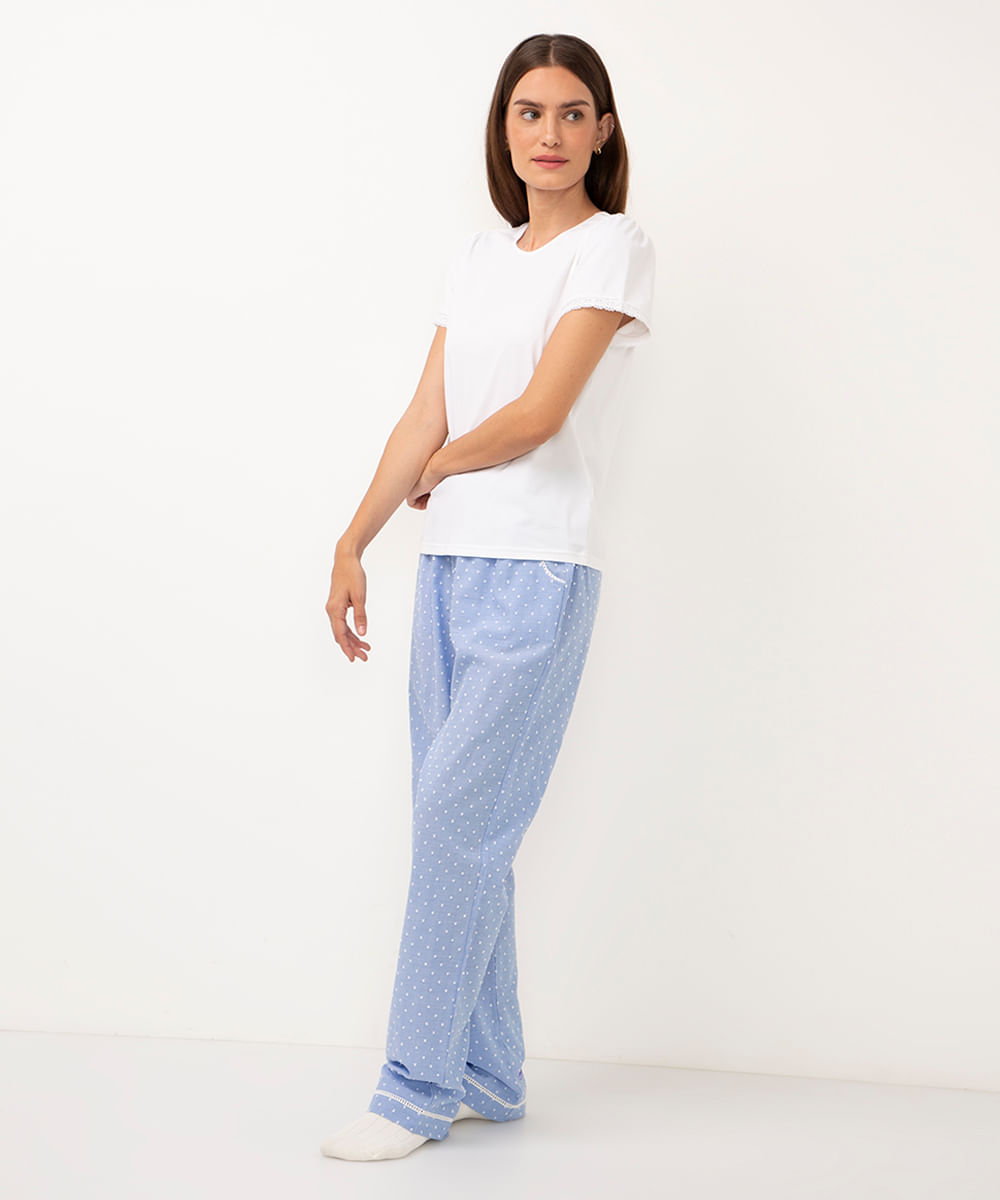 pijama de algodão longo bordado e poá off white