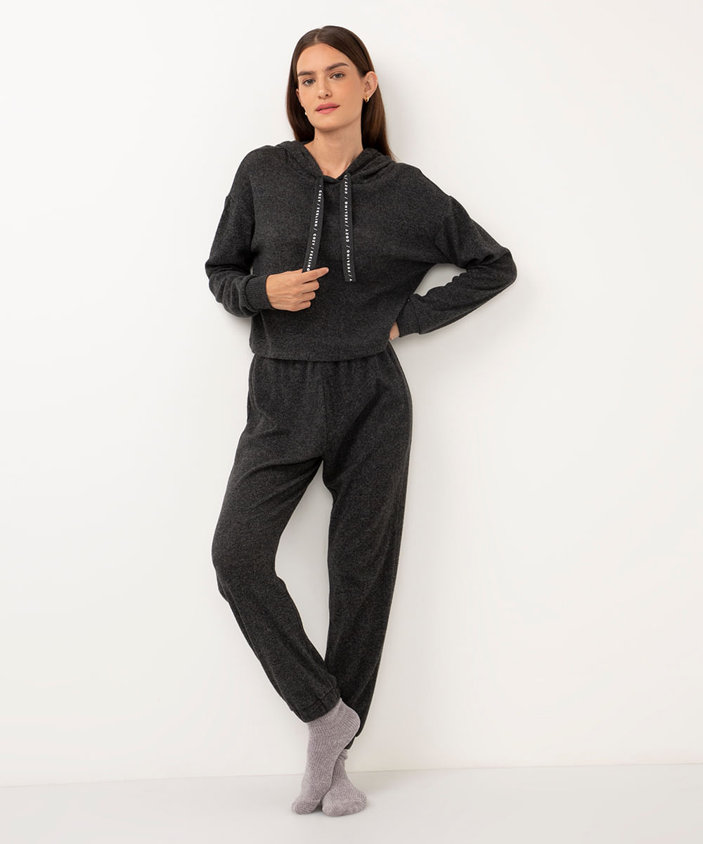 pijama longo soft com capuz cinza escuro
