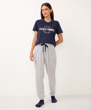 calça de pijama jogger listrada azul