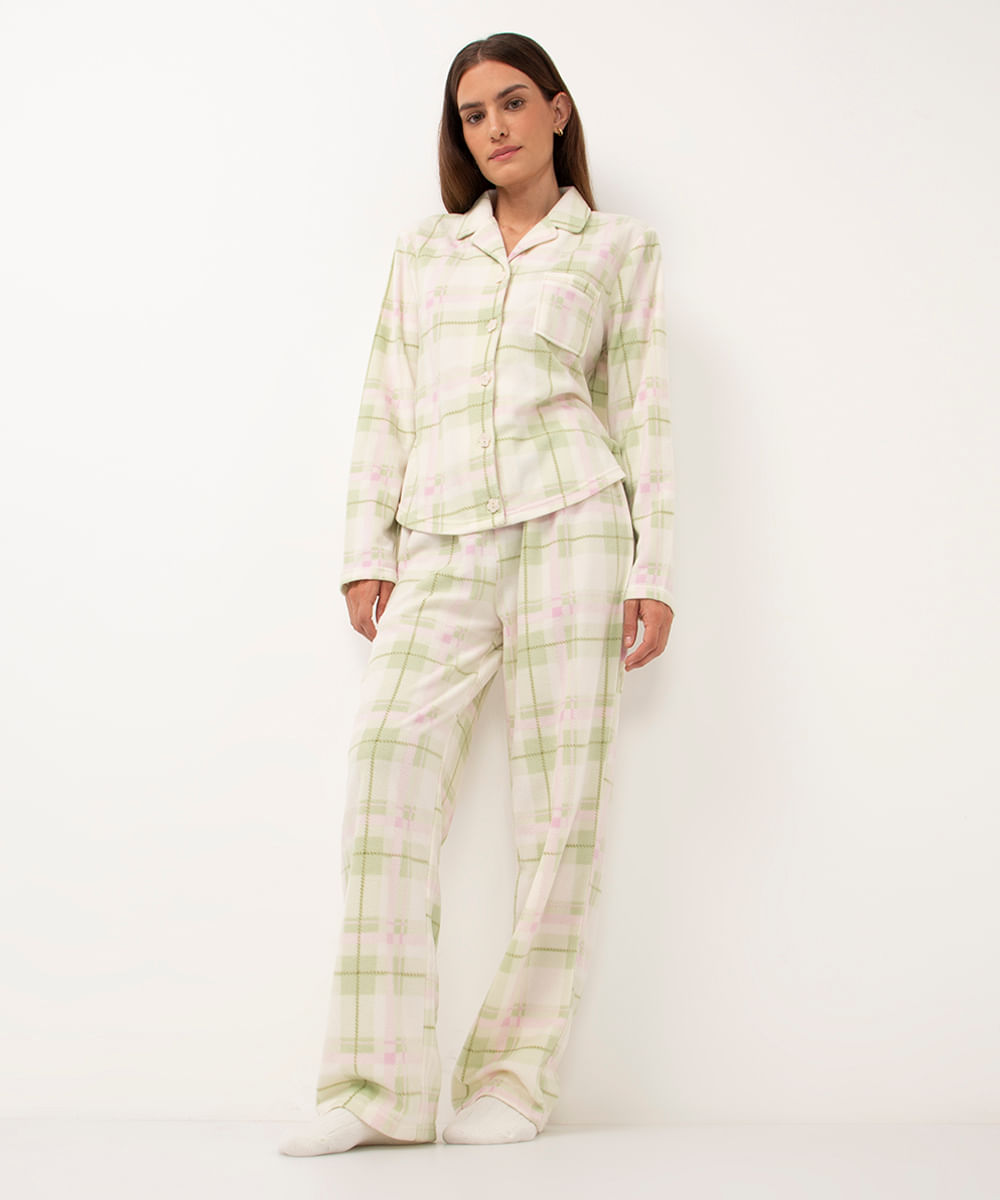 pijama americano de fleece xadrez verde claro