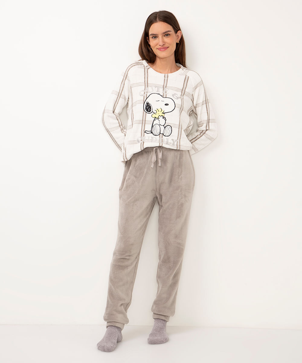pijama de fleece manga longa snoopy cinza