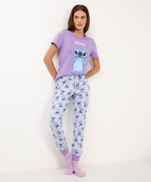 pijama de algodão longo stitch lilás