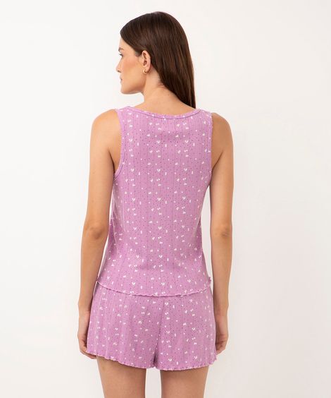 pijama de viscose curto regata texturizado floral roxo
