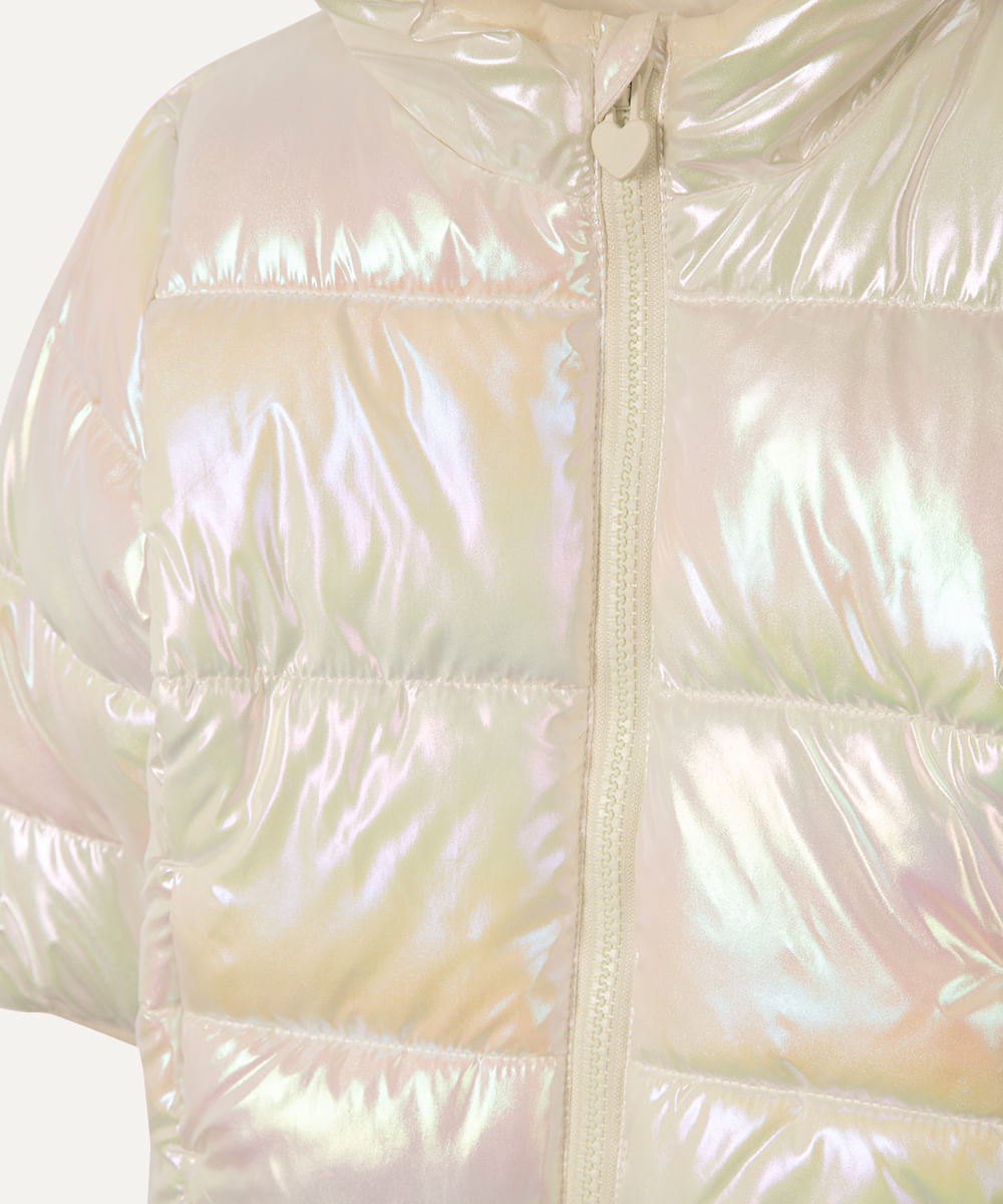 jaqueta puffer infantil holográfica off white