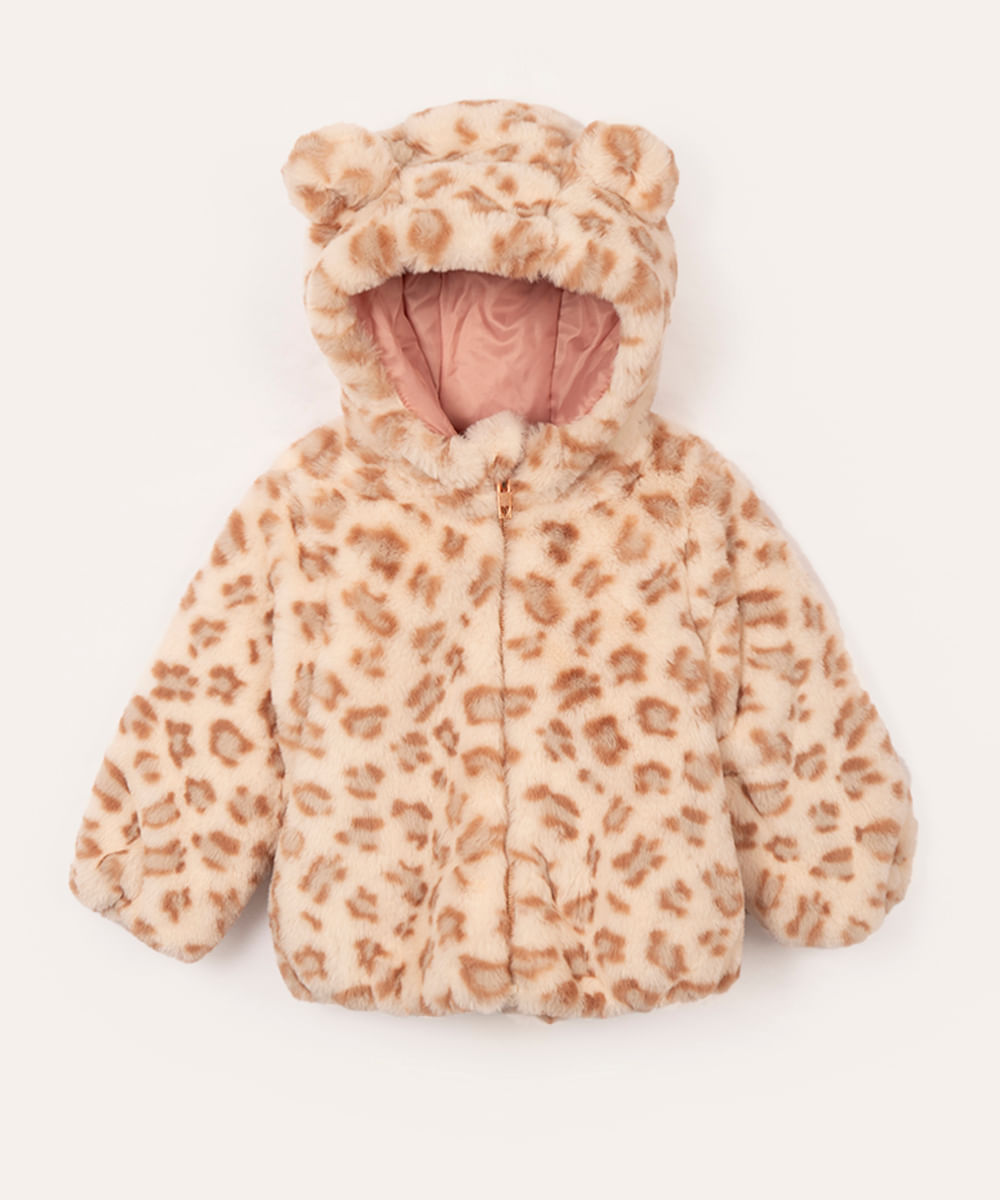 jaqueta infantil de pelo animal print com capuz e orelhas colorida