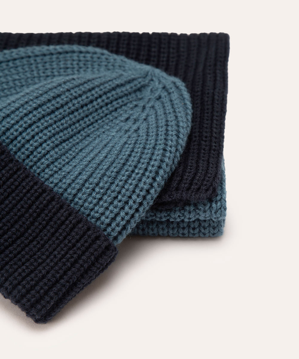 kit de cachecol e gorro de tricot infantil azul marinho