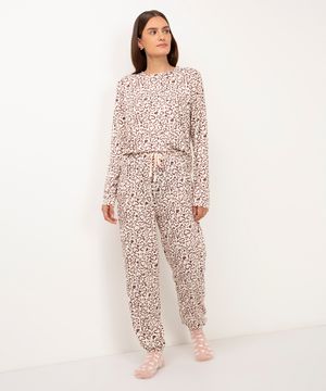 pijama longo animal print coração marrom