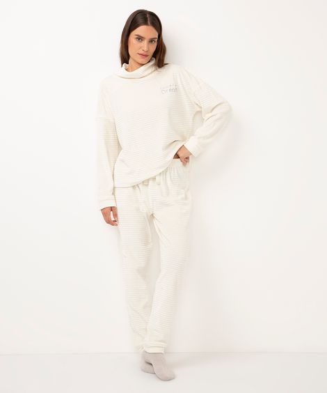 pijama de fleece longo texturizado e bordado off white