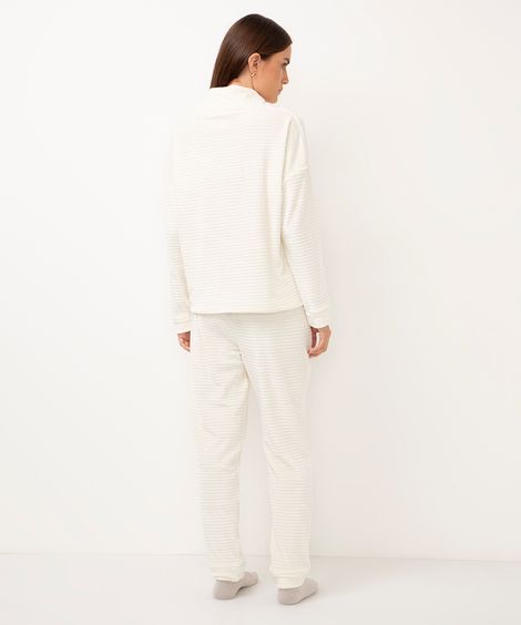pijama de fleece longo texturizado e bordado off white