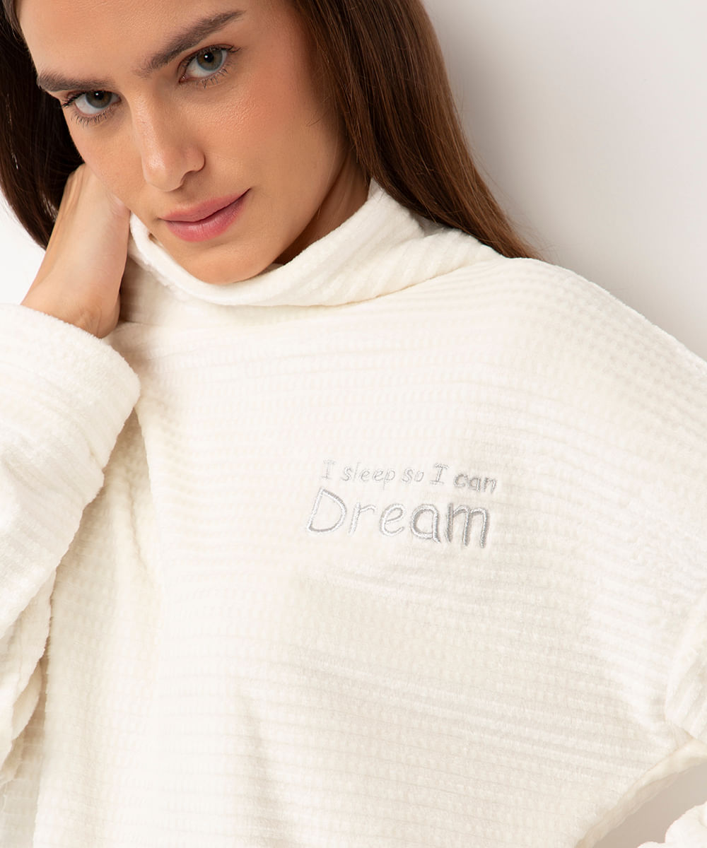 pijama de fleece longo texturizado e bordado off white