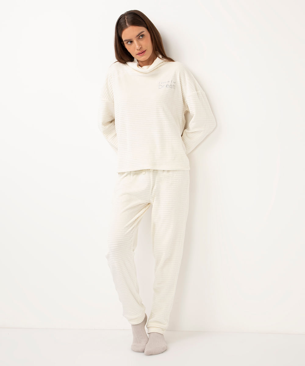pijama de fleece longo texturizado e bordado off white