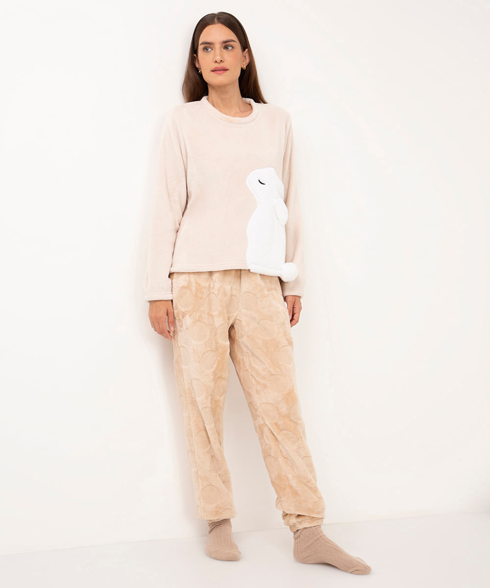 pijama de fleece longo coelho em relevo bege