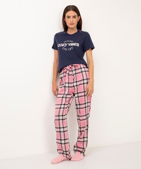 calça reta de pijama flanelada xadrez rosa