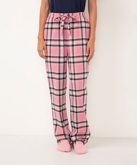 calça reta de pijama flanelada xadrez rosa