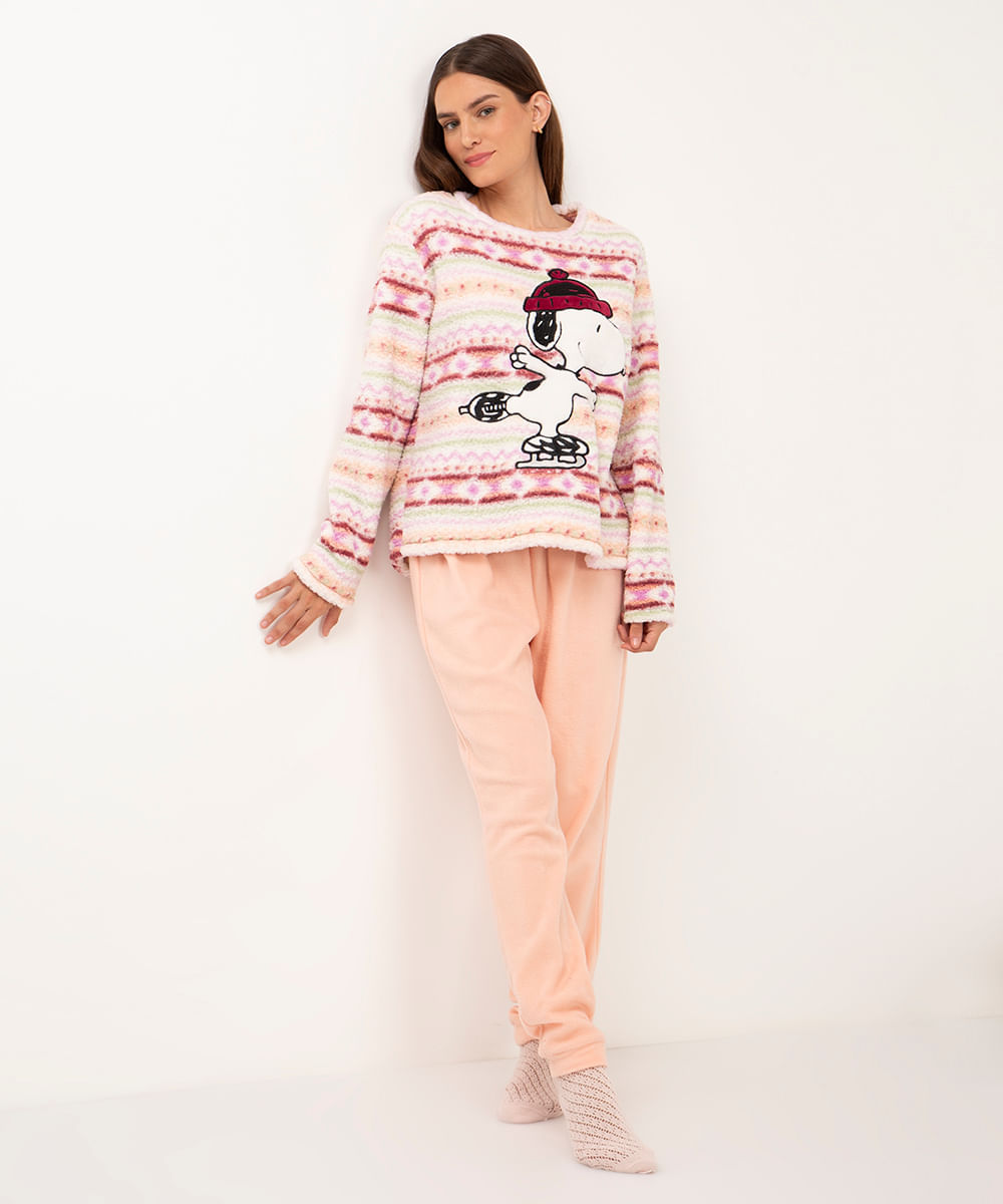 pijama de pelucia snoopy listrado coral