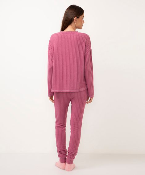 pijama longo texturizado com bolso rosa