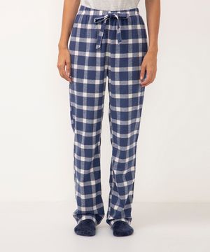 calça reta de pijama flanelada xadrez azul marinho