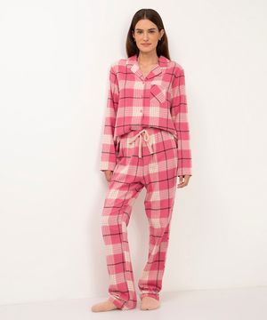 pijama de algodão americano longo xadrez rosa