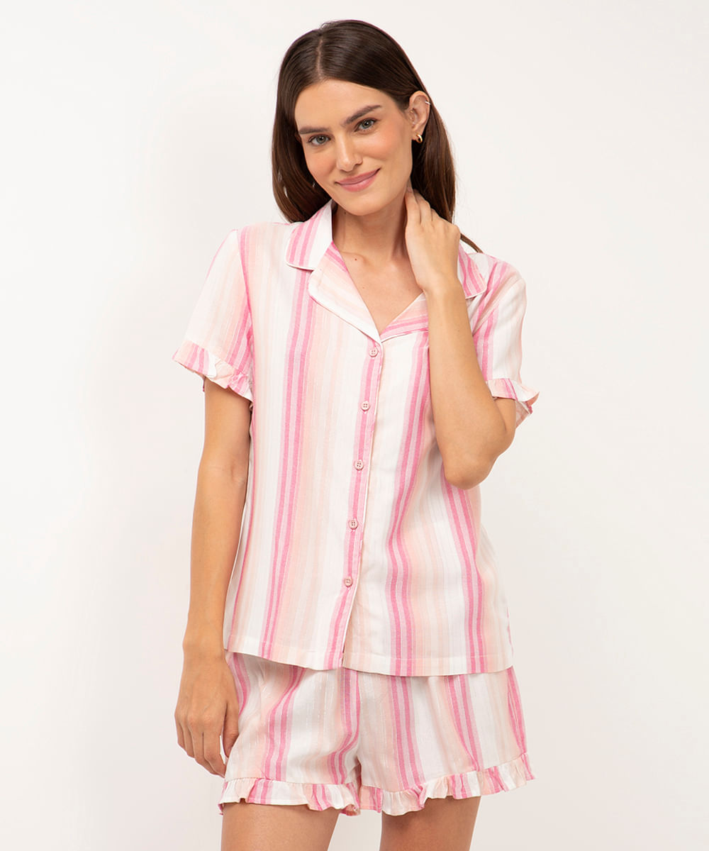 pijama de viscose americano curto listrado - off white