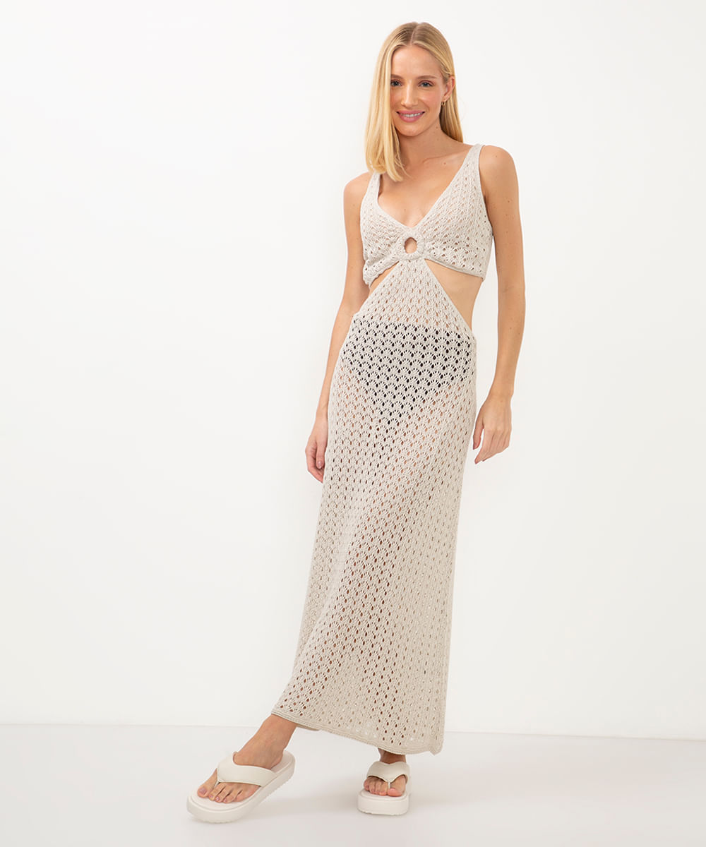 vestido longo de crochê cut out bege