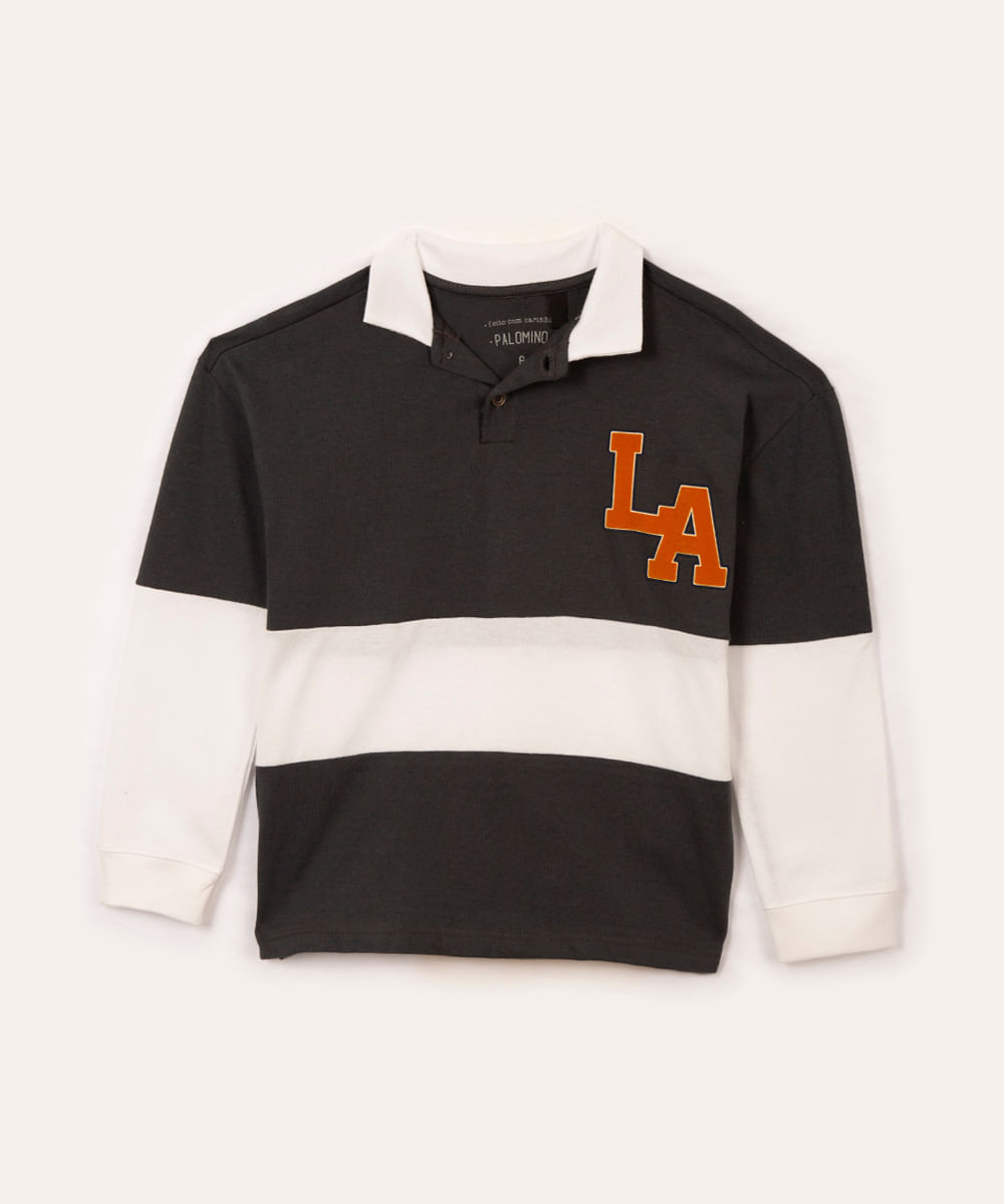 blusa de algodão infantil polo manga longa listrada chumbo