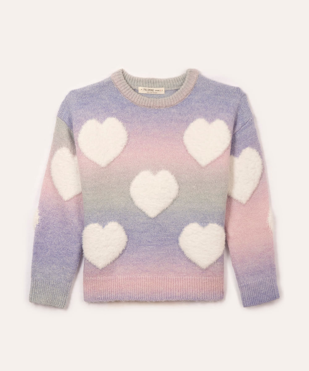 suéter de tricot chenille infantil com coração colorido