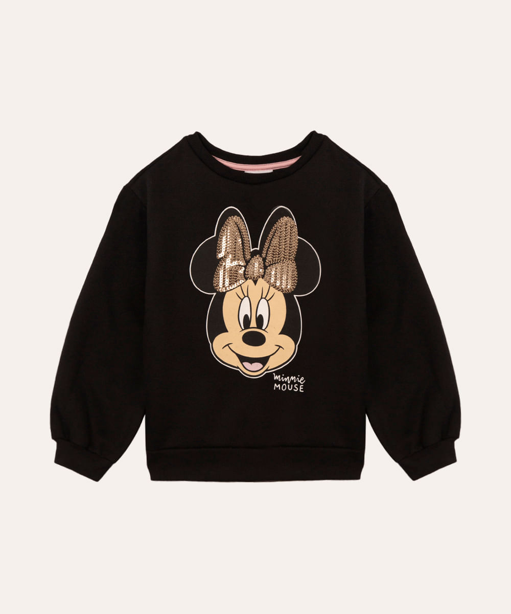blusa de moletom infantil manga longa minnie com paetê preta