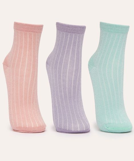 kit de 3 pares de meias cano médio lurex colorido