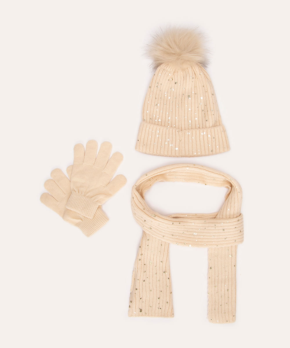 kit de tricot infantil gorro luva e cachecol off white