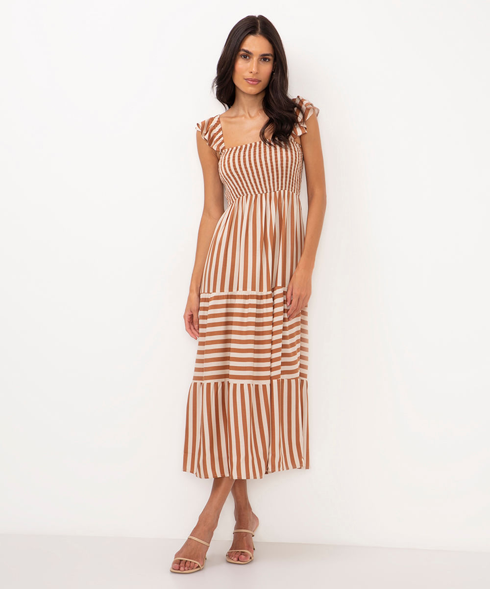 vestido midi de viscose listrado camelo