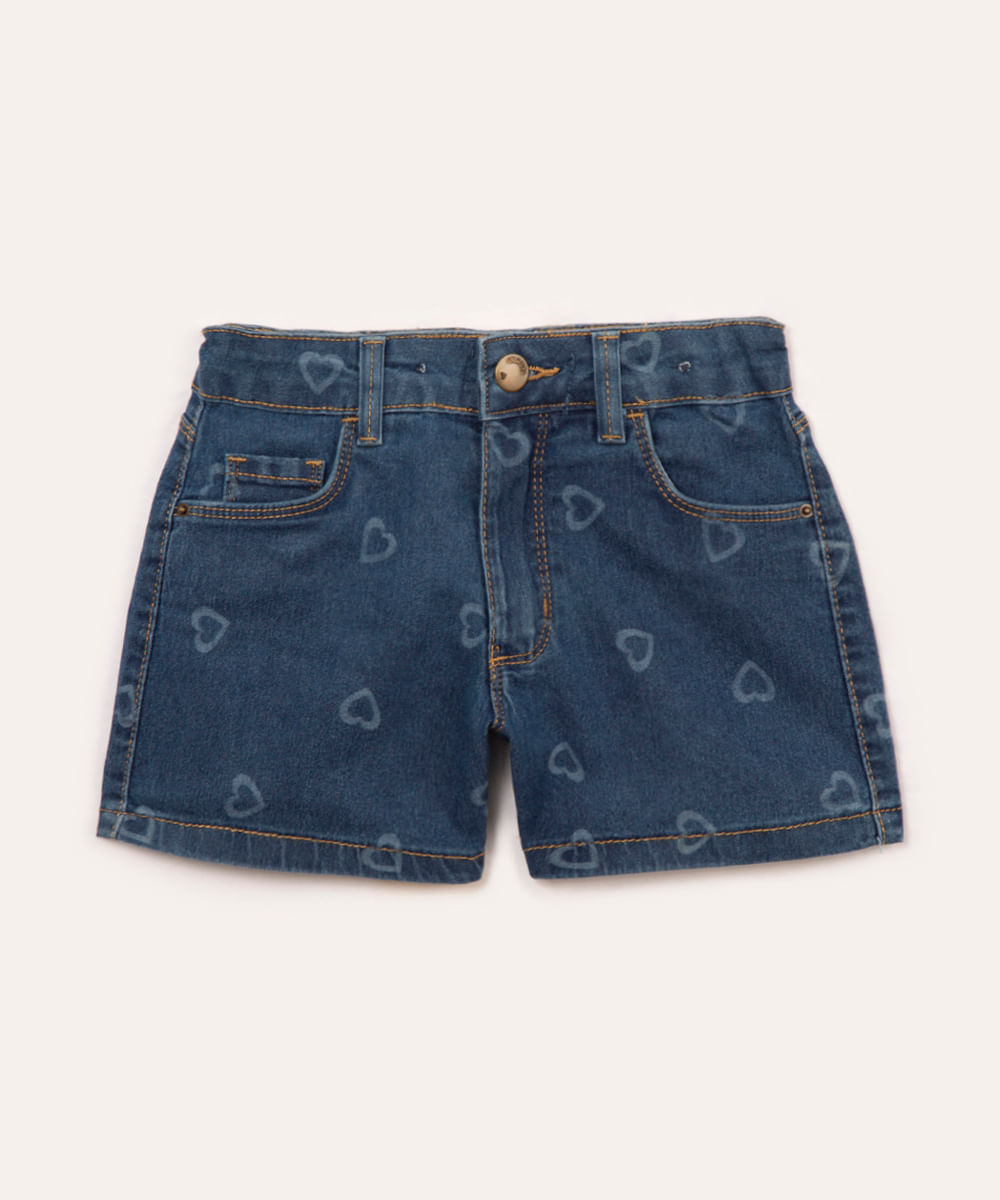 short jeans infantil curto coração azul