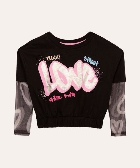 camiseta de algodão infantil manga tule love preto