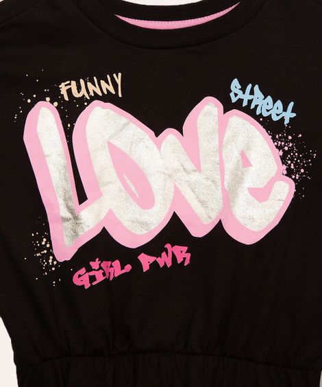 camiseta de algodão infantil manga tule love preto
