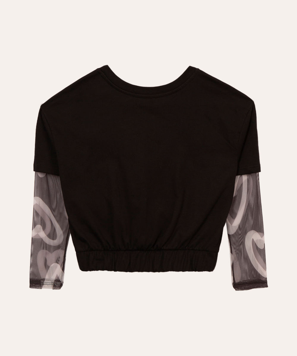 camiseta de algodão infantil manga tule love preto