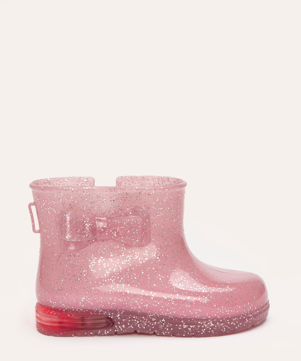 bota galocha infantil laço e luzinha baby club rosa