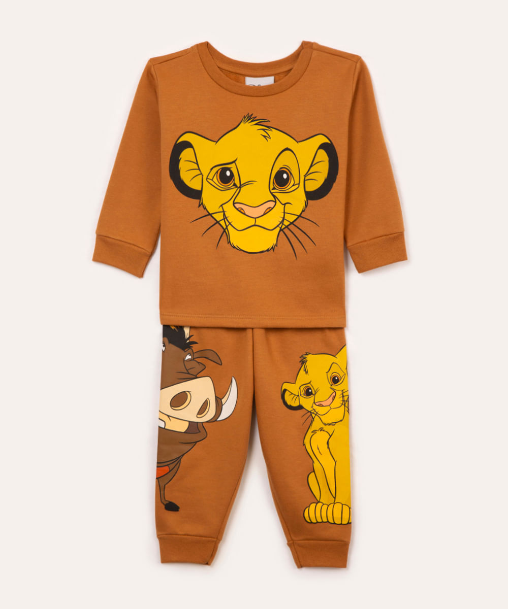 pijama de moletom infantil simba manga longa marrom