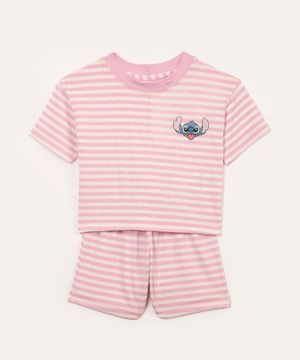pijama de viscose infantil curto listrado stitch lilás